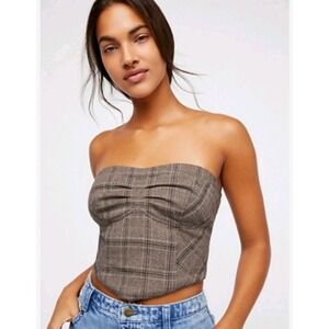 Free People Out West Plaid Corset Top 6 Strapless Dark Academia Preppy‎ Office